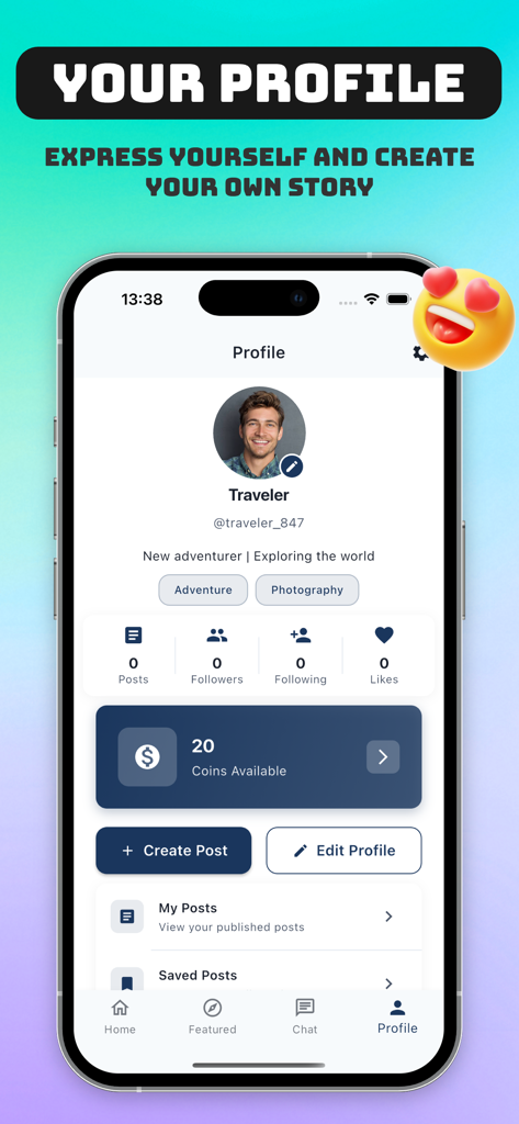Cove - Share Fun, Video Chat - Una pantalla de aplicación móvil que muestra un perfil de usuario en Cove con intereses de biografía de viajero y saldo de monedas.