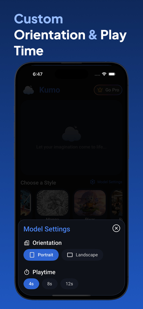 Kumo AI Video Generator app interface showing custom orientation and playtime settings