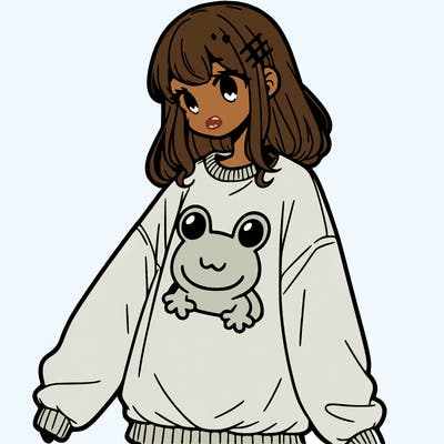girl wearing frogging sweatshirt