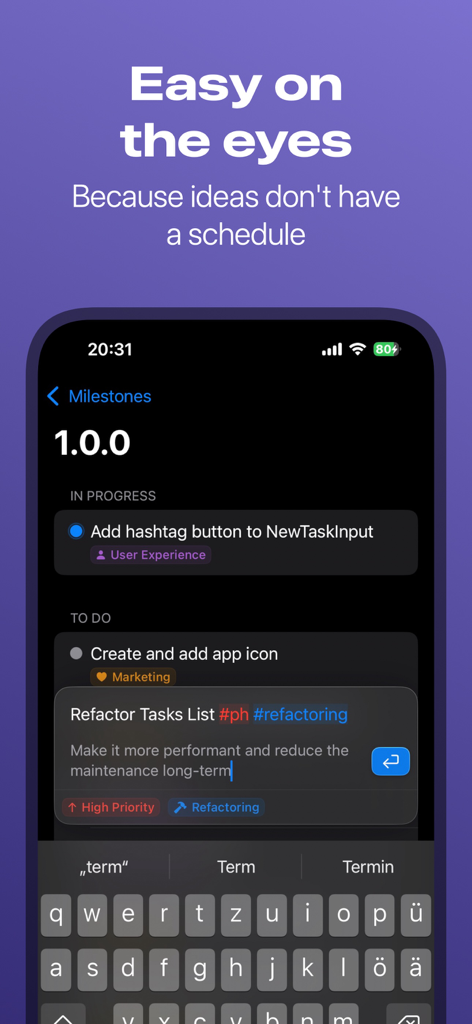 Project Planner: Milestones - タスク管理と進捗状況の追跡を示すプロジェクトプランナーマイルストーンアプリのダークモードインターフェース