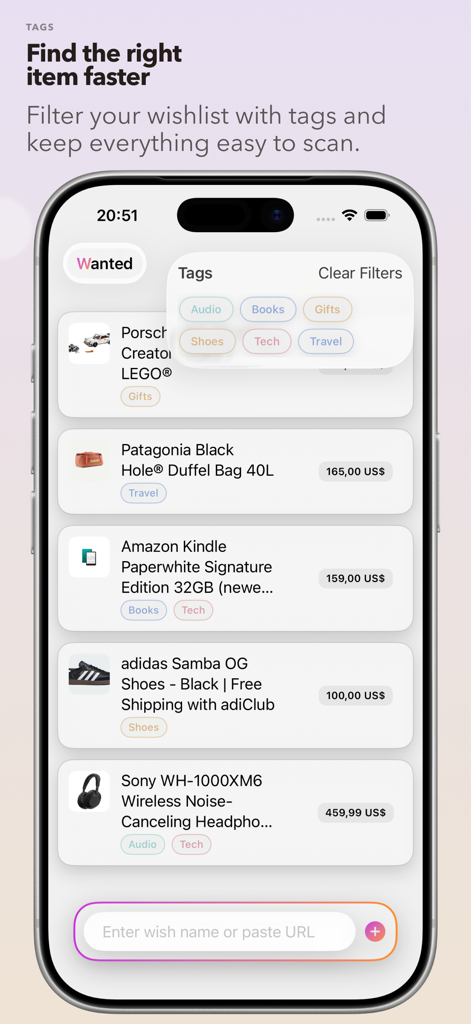 iPhone screen showing the Wanted wishlist app with a tags overlay for filtering saved products.
