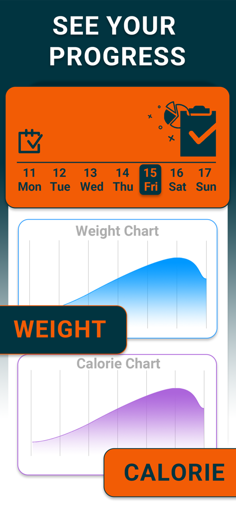 Abs and Core Workout at Home - Progress tracking screen showing weight and calorie charts in the Abs and Core Workout app.