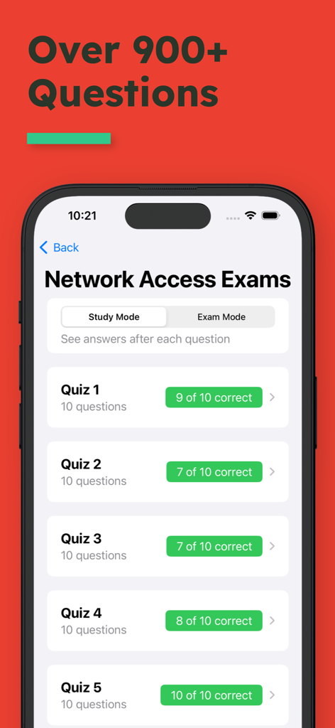 CCNA 200-301 mobile app interface showing a list of practice quizzes for Network Access with score tracking and study modes