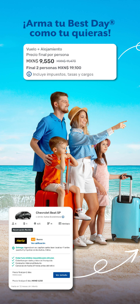 A family on a sunny beach with suitcases next to BestDay app interface showing flight hotel and car rental package options
