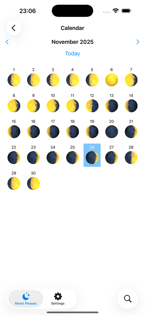 Vue mensuelle du calendrier lunaire montrant les phases quotidiennes de la lune pour novembre