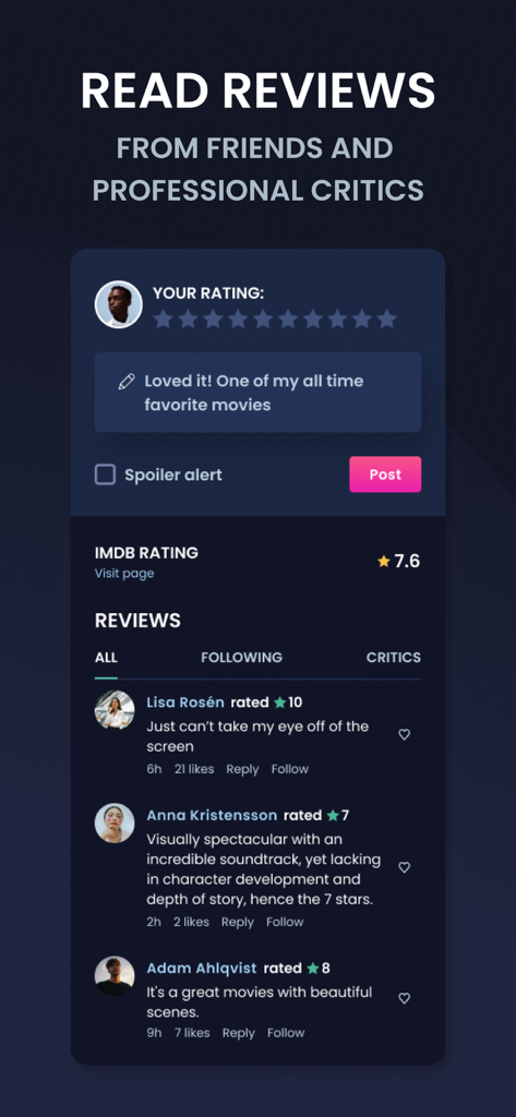 PlayPilot - A mobile interface for the PlayPilot app showing user reviews from friends and critics, including star ratings and IMDb scores for movies.