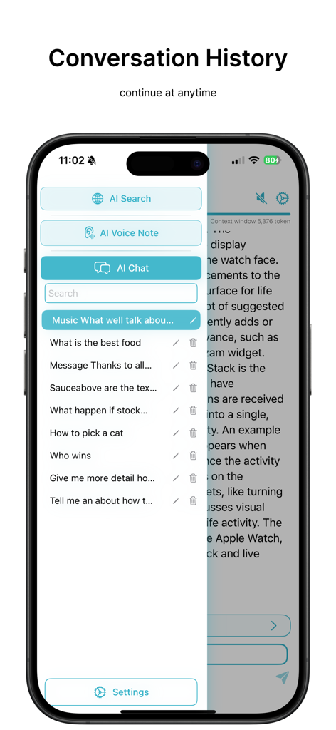 On-Device AI: TTS, STT & Chat - Seitenleiste für den Gesprächsverlauf der On-Device AI App auf dem iPhone