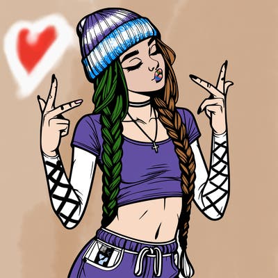 realistic teenage girl with braids and a beanie and crop top doing 🫶🏼