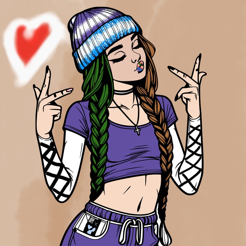 realistic teenage girl with braids and a beanie and crop top doing 🫶🏼