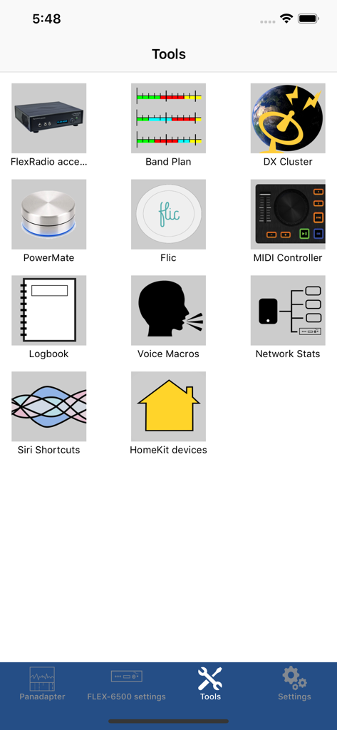 Tools menu of the SmartSDR app showing icons for amateur radio utilities like Band Plan and DX Cluster