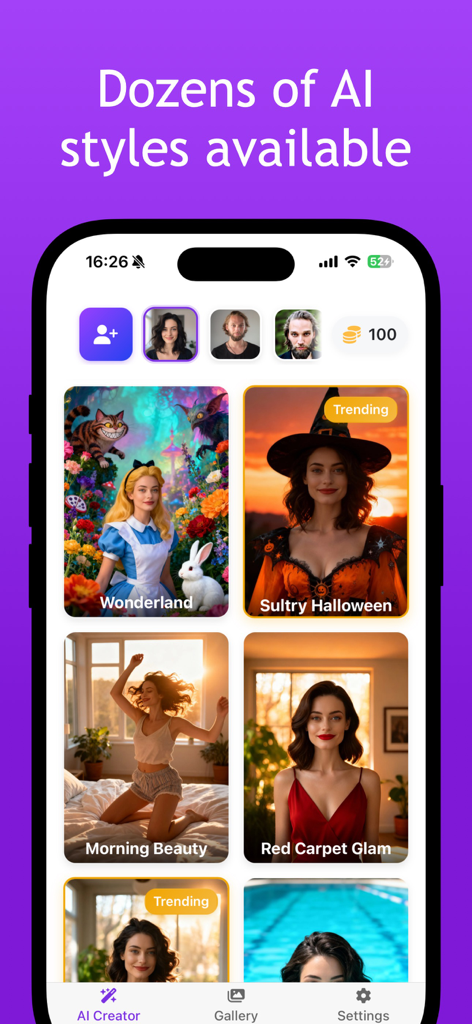 Selfie AI: AI Photo Generator - Interface of the Selfie AI app showing various photo style categories like Wonderland and Red Carpet Glam