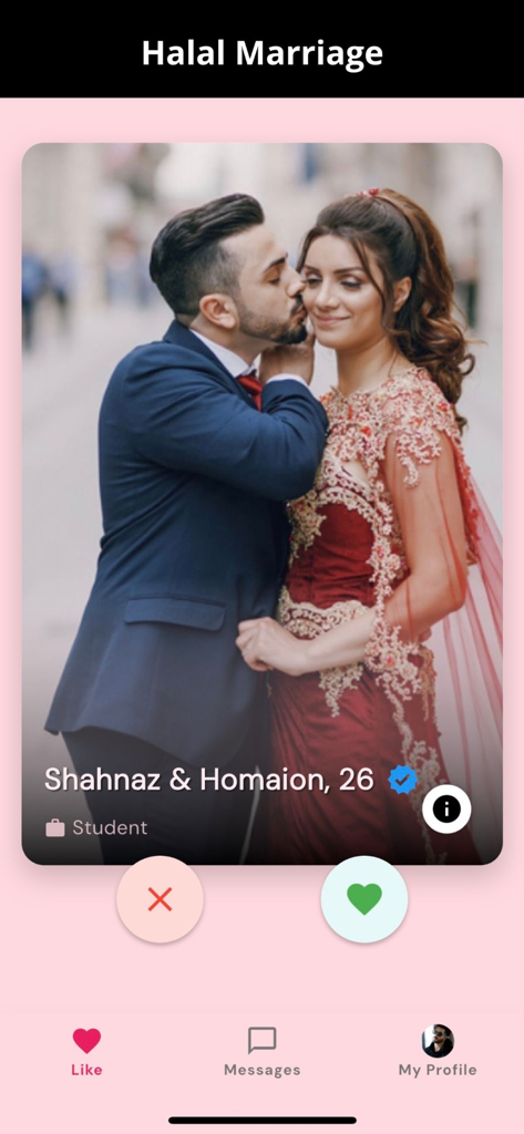 Screenshot of the AfghanLove app showing a couple profile under the Halal Marriage section with swiping interface buttons.