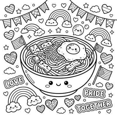 This delightful Kawaii Carbonara coloring page brings together the joy of Italian cuisine with the vibrant spirit of Pride Month. Featuring adorable smiling pasta, eggs, and bacon amidst festive rainbows and hearts, it's a celebration of love and creativity.