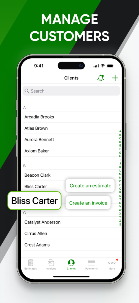 Joist mobile app interface showing a professional client management list with quick options to create estimates and invoices.