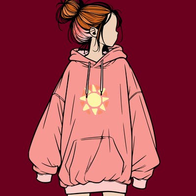realistic girl with a oversized sweatshirt on and a bun