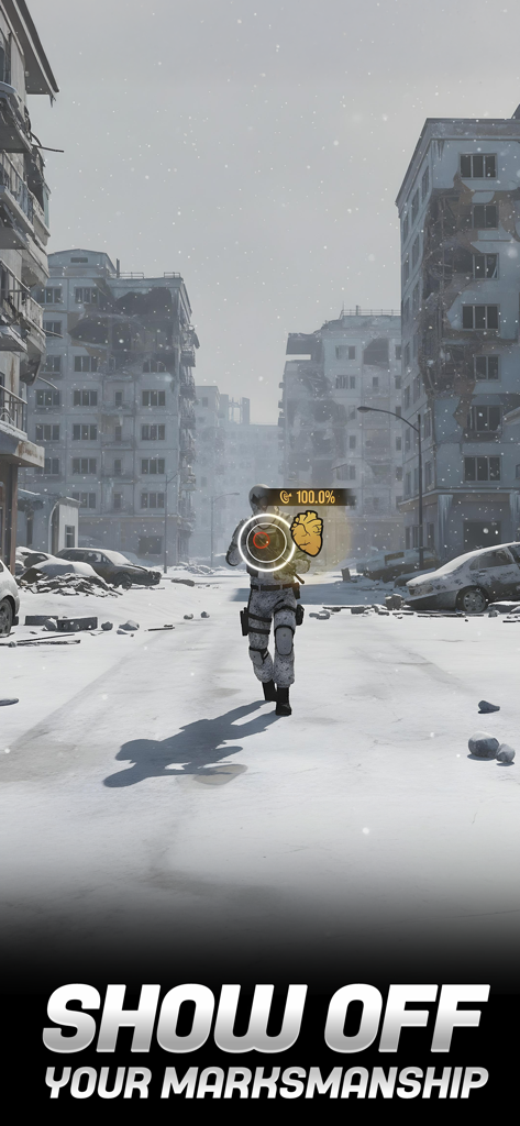 Sniper Battle: 3D War Shooter - Sniper aiming at a target in a snowy urban battlefield with a text overlay saying show off your marksmanship