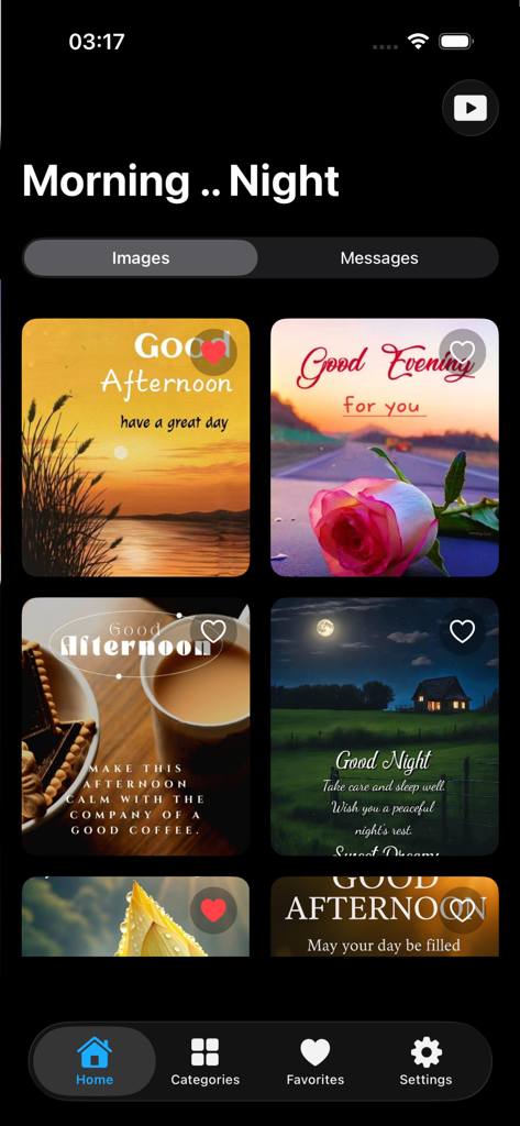 Good Morning Night Afternoon - Una colección de imágenes de saludo para la mañana, la tarde, la noche y la madrugada mostradas en la interfaz de una aplicación móvil.