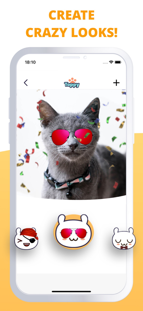 My Talking Animal & Pet App - Smartphone screen showing a cat wearing red sunglasses and confetti in the Toppy app interface