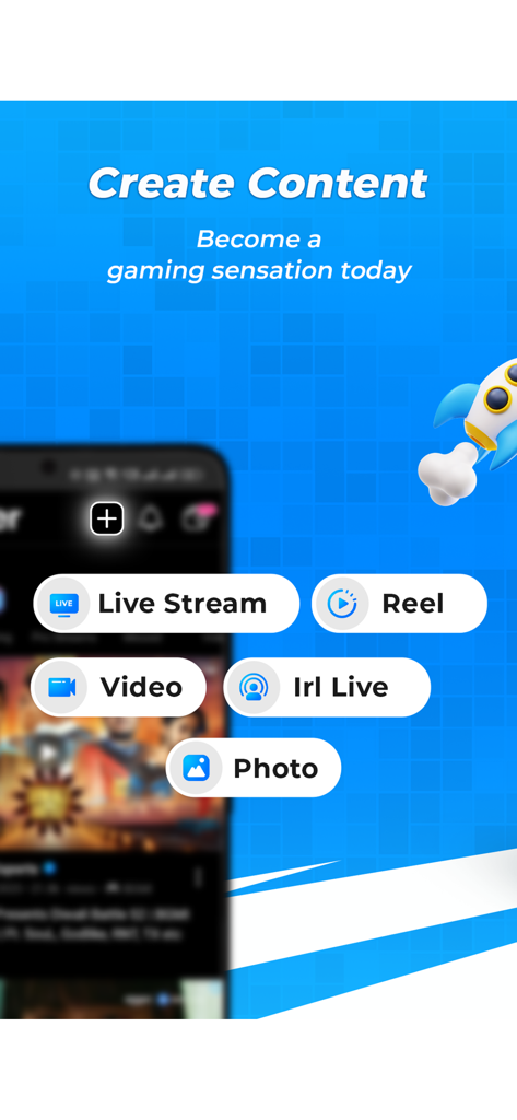Interface der Rooter-App mit Optionen zur Inhaltserstellung, einschließlich Live-Stream, Reel, Video und Irl Live.