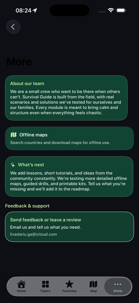 Survival Guide Offline - Survival Guide Offline app more section showing team info offline maps and support options