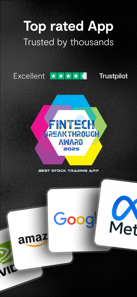 Invest & Trade : Nemo Money - Nemo Money app displaying 2025 Fintech Breakthrough Award and positive Trustpilot rating