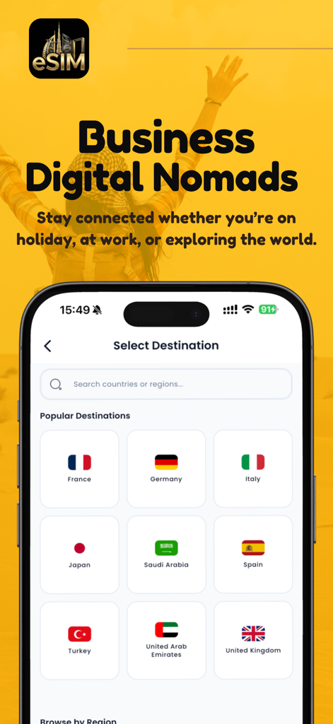 Dubai eSIM: Travel Internet - Mobile App-Oberfläche mit globalen eSIM-Zielen für digitale Nomaden und Geschäftsreisende.