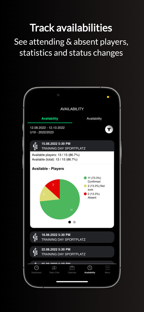 Easy2coach mobile app screen displaying soccer player availability statistics and attendance rsvp status