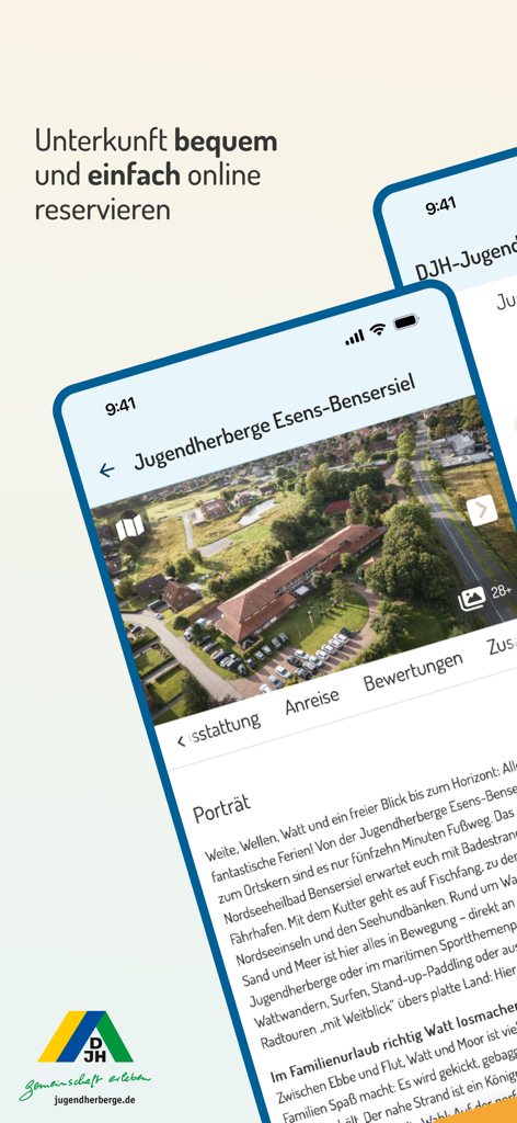 DJH Youth Hostels in Germany - Mobile app screen showing the profile and booking options for a German youth hostel