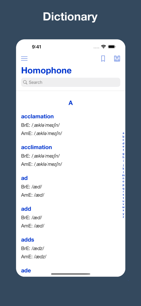 Interface of the Homophone Dictionary app showing a list of words with phonetic notations for British and American English.