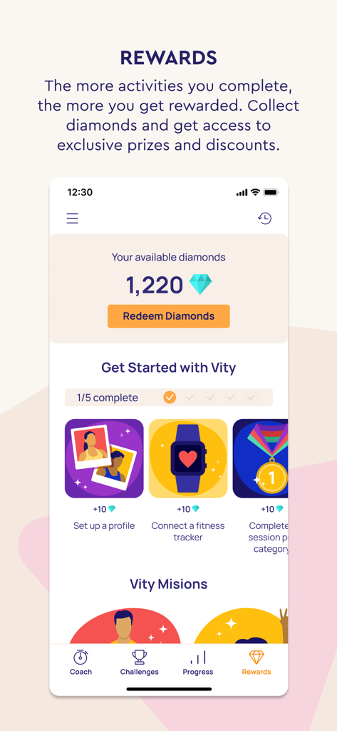 Vity - Vity mobile app rewards screen showing diamond points for healthy habits and fitness tracking tasks