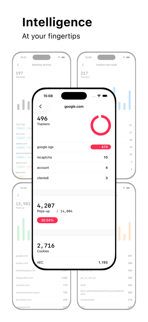 Web Browser - Mobile app interface showing privacy reports and statistics for blocked trackers and popups