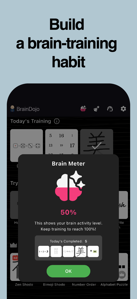 BrainDojo: Brain Training Game - Interfaz de la aplicación BrainDojo que muestra una ventana emergente del Medidor Cerebral con un progreso del cincuenta por ciento para las actividades diarias de entrenamiento cerebral.