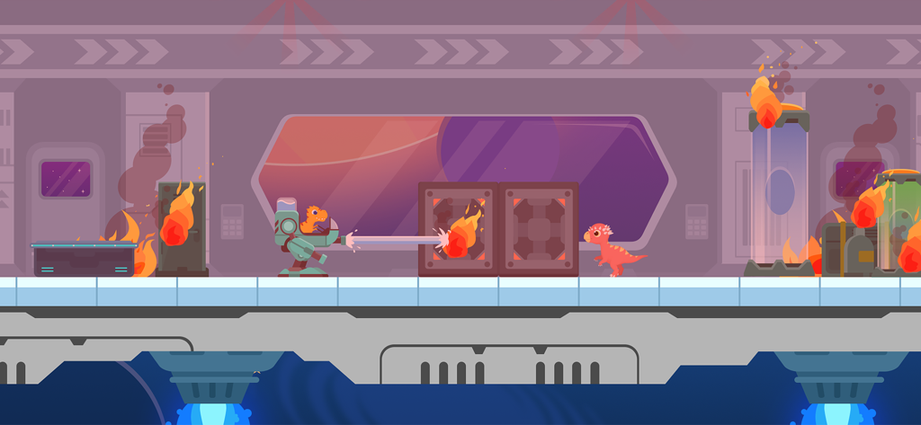 A dinosaur pilot in a mechanical suit extinguishing fires on a space station