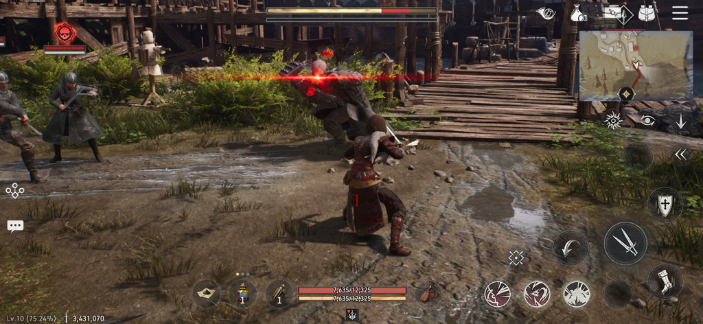 A character engages in third person manual combat at a medieval dock in Game of Thrones Kingsroad
