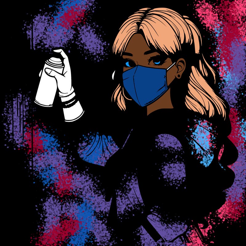 realistic girl with mask spray painting a wall