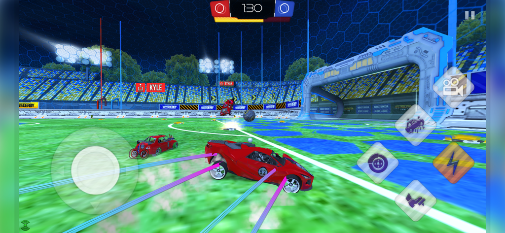 Rocket Soccer Derby - Escena de juego de Rocket Soccer Derby con un partido de fútbol de coches en un estadio futurista.