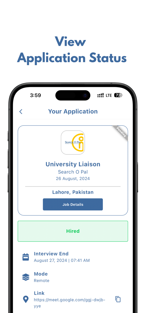 Search O Pal - Search O Pal mobile screen showing a successful job application status for a University Liaison position in Lahore Pakistan