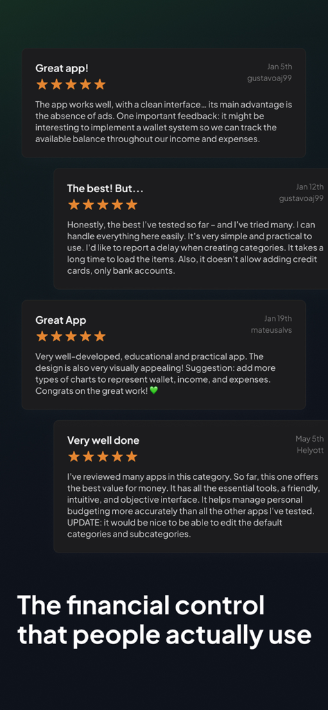 Despezzas: controle financeiro - Uma coleção de avaliações positivas de usuários e classificações de cinco estrelas para o aplicativo de controle financeiro Despezzas