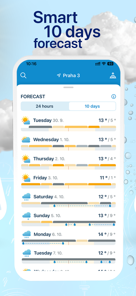 In-počasí - In-pocasi Mobile-App-Bildschirm mit einer 10-Tage-Wettervorhersage für Prag