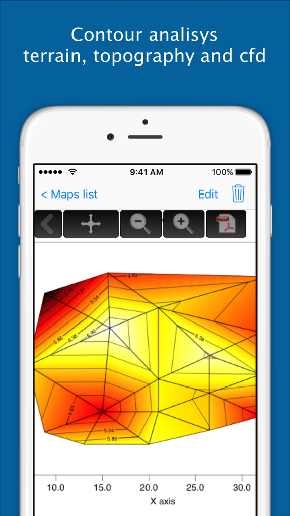 Thermal Analisys - Contour Map - A mobile app interface showing a detailed color-coded contour map with data points and axis for engineering analysis
