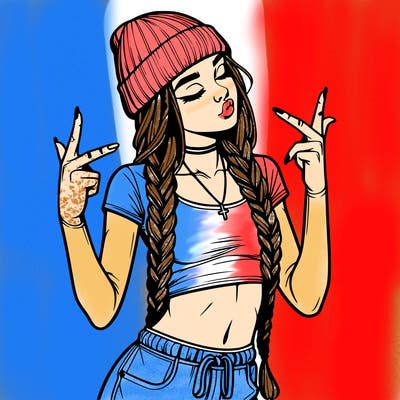 realistic teenage girl with braids and a beanie and crop top doing 🫶🏼