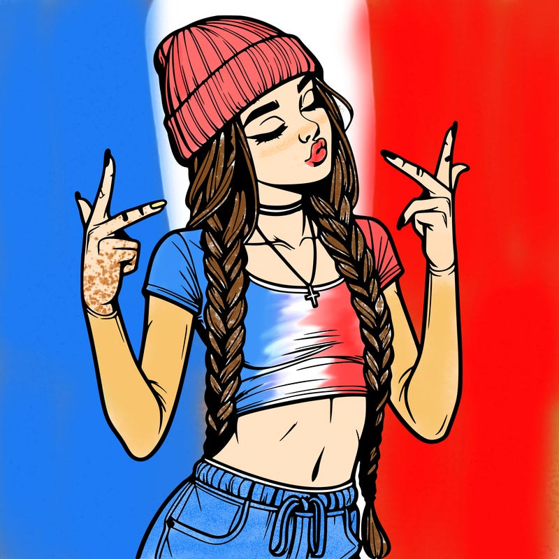 realistic teenage girl with braids and a beanie and crop top doing 🫶🏼