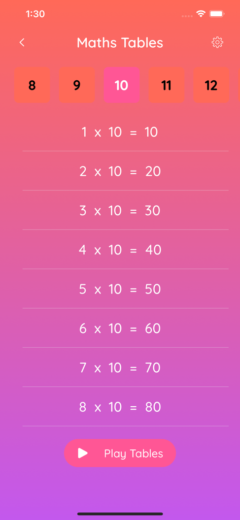 2048 Game & Maths Tables - Tabla de multiplicar del número 10 mostrada en la aplicación Maths Tables