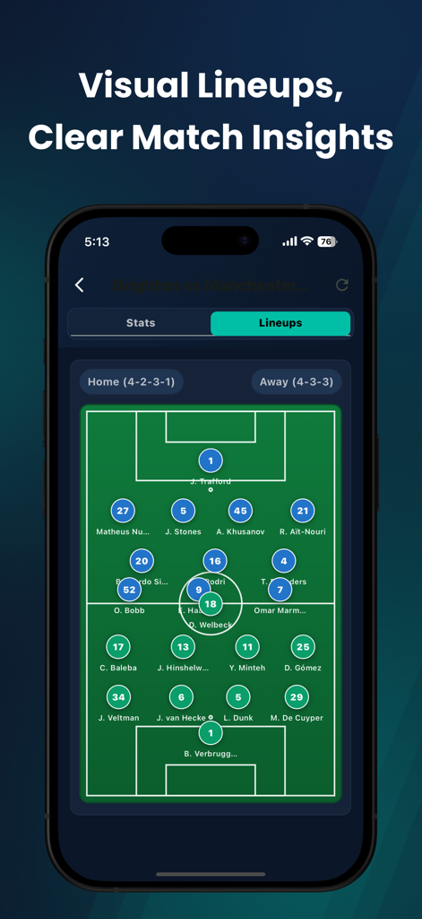 Crickly: Football Live Matches - Pantalla de aplicación móvil que muestra alineaciones y formaciones visuales de equipos de fútbol en un campo digital