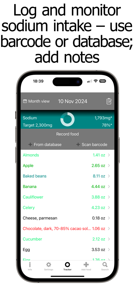 Daily sodium tracking dashboard showing food log and progress toward intake target