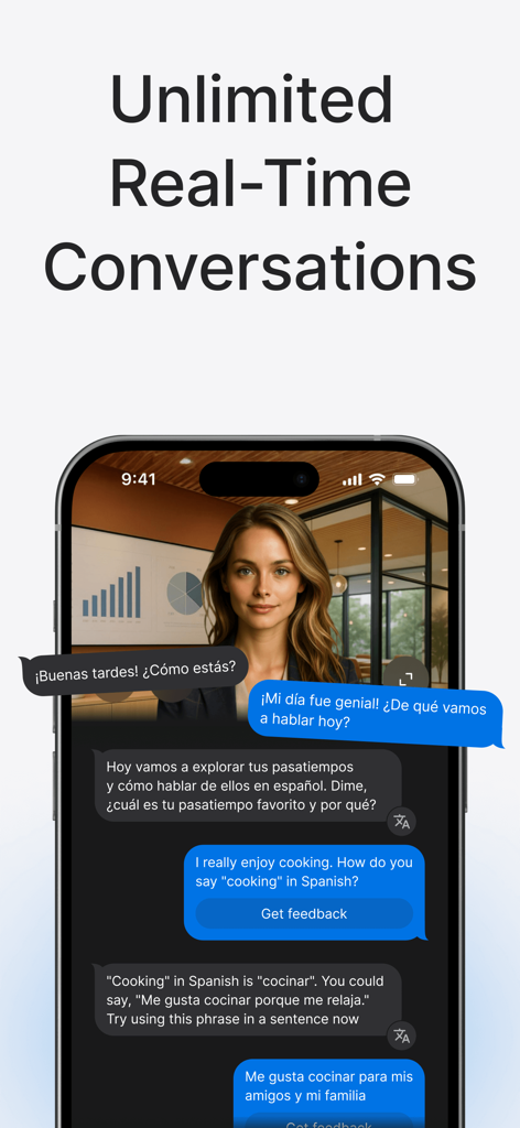 Learn Languages: Speak Avatar - Smartphone screen showing a real-time Spanish conversation with an AI avatar in the Speak Avatar app.