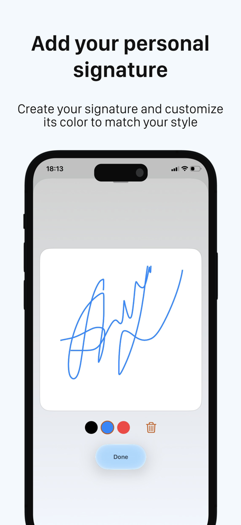 NoPen – Scan docs, Sign & Fill - Smartphone screen showing the add personal signature feature in the NoPen app