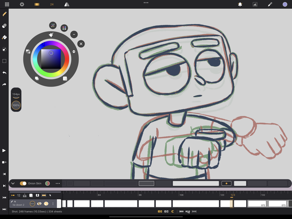 Callipeg: 2D Animation App - Interface of Callipeg 2D animation app on iPad showing a character drawing with timeline and onion skinning