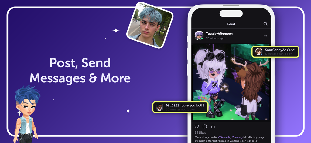 Highrise: Virtual Avatar Game - Una interfaz móvil para la aplicación Highrise que muestra un feed de redes sociales con avatares digitales y comentarios de usuarios.