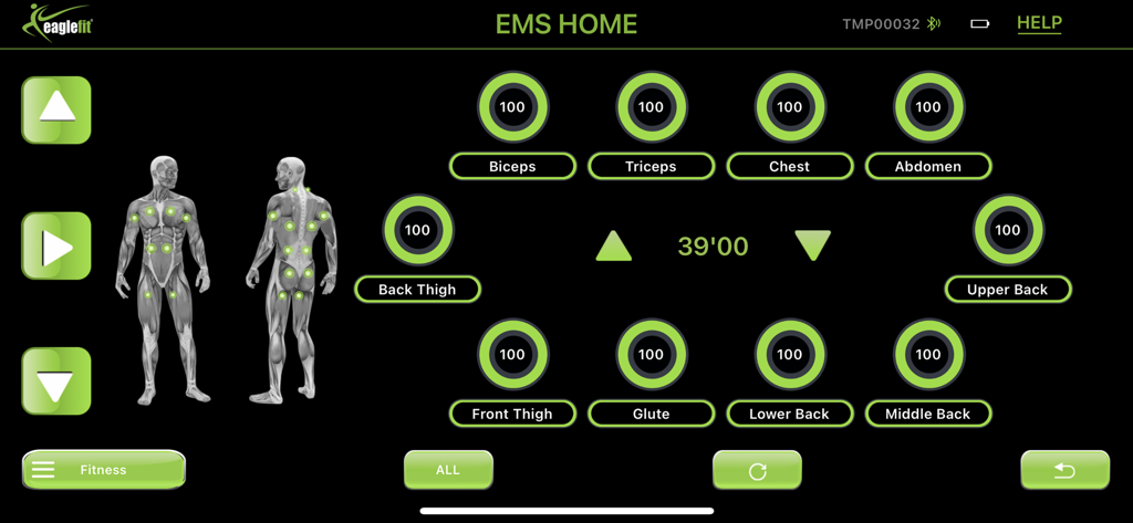 eaglefit® EMS SYSTEM - eaglefit EMS SYSTEMアプリのダッシュボード。筋肉群の強度コントロールとワークアウトタイマーが表示されています。